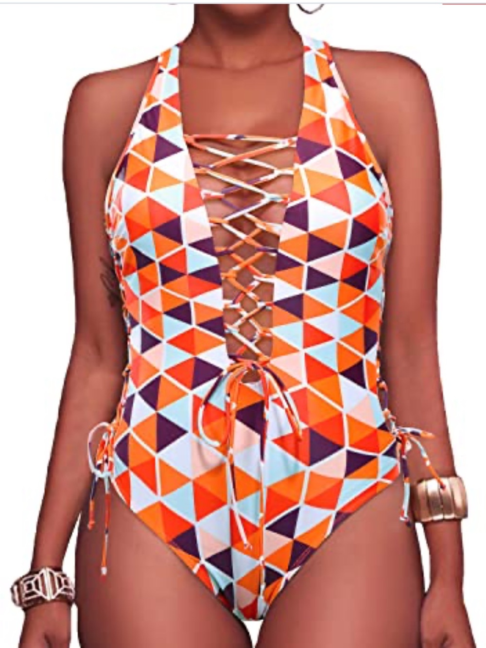 Sexy Lace Up Geometric Holipick Swimsuit Small